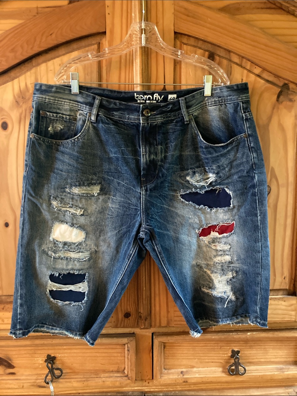 Men Born Fly blue white red frayed jean denim shorts size 40